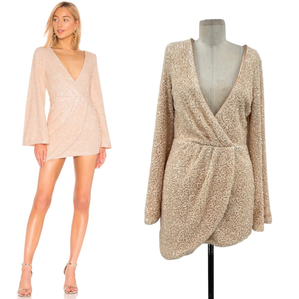 Michael Costello‎ x Revolve Valerie Dress Mini Long Sleeve Sequin Ivory Medium